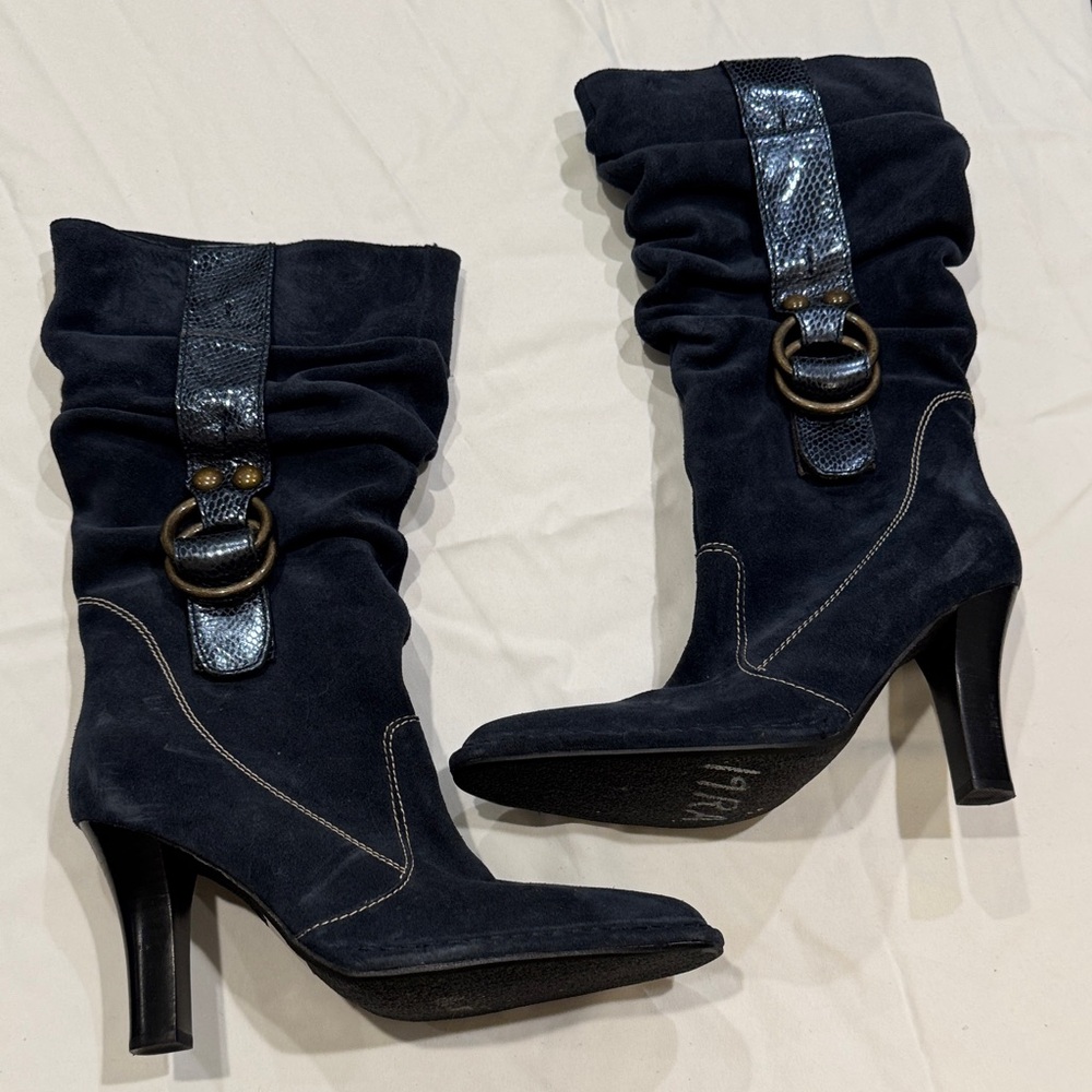 Chic Black Suede Heeled Boots with Buckle Detail